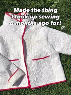 Handmade Vintage Quilted Jacket with Red Trim - White